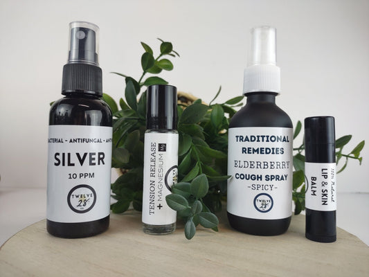 Travel Wellness Set || Elderberry Spray - Silver Sanitizer - Magnesium Tension Release Roller - Lip Balm. Gift Ready Organic Travel Gift Set - TWELVE28CO